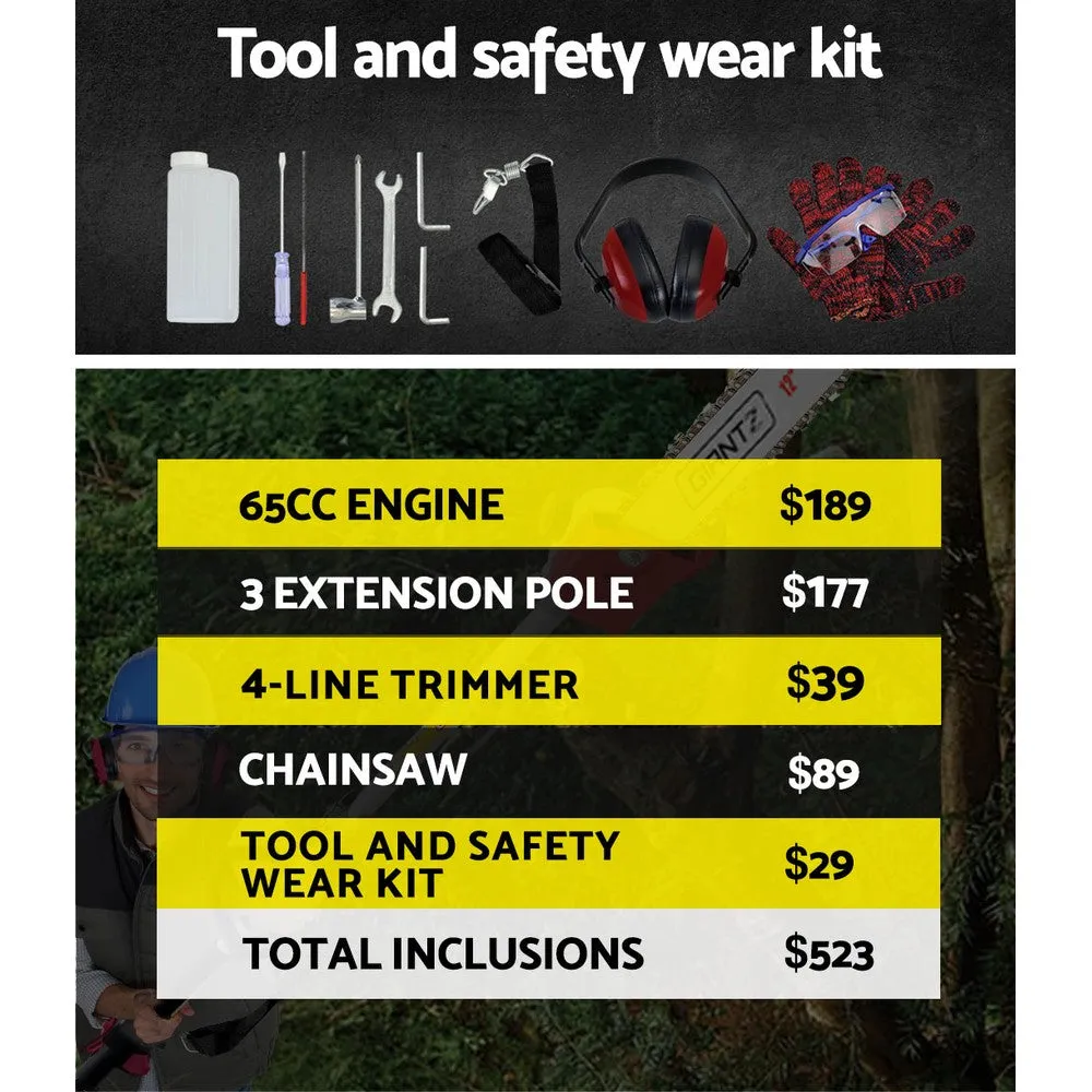 65CC Petrol Pole Chainsaw/Hedge Trimmer, 12" Bar, 4.3m Reach, Giantz