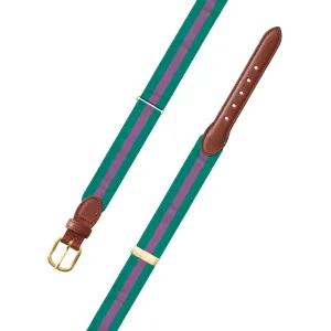 Adjustable Green & Purple Grosgrain Belt with Brown Leather Tabs