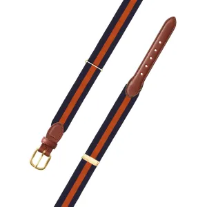 Adjustable Navy & Orange Grosgrain Belt with Brown Leather Tabs