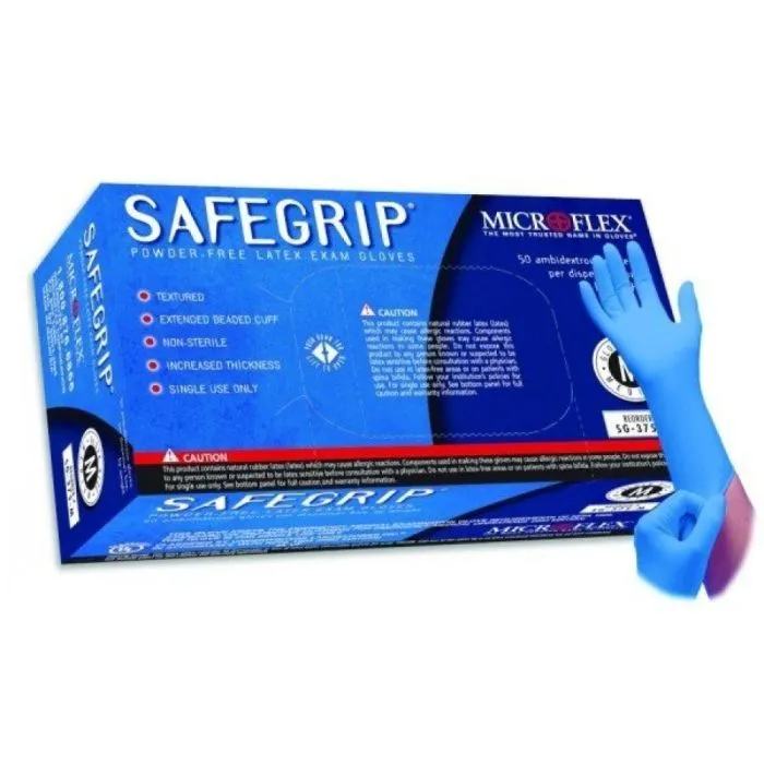 Ansell MicroFlex SafeGrip SG-375 Disposable Latex Glove, Blue, Small, 50 Gloves per Box, Case of 10 Boxes