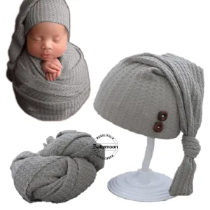 Babymoon Stretchable Baby Wrap & Knotty Cap New Born Photography Photohoot Prop-Grey