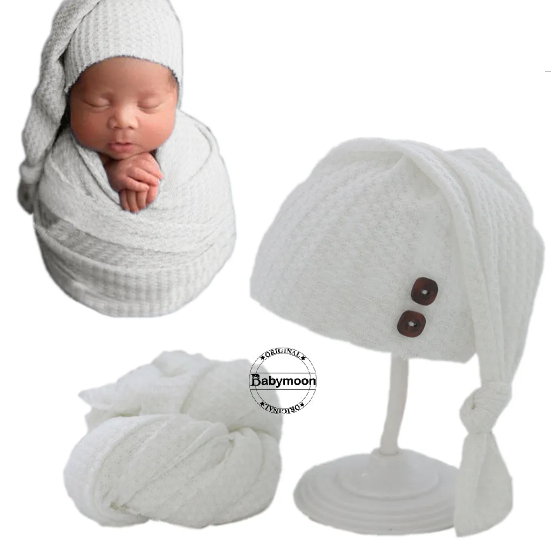 Babymoon Stretchable Baby Wrap & Knotty Cap New Born Photography Photohoot Prop-White