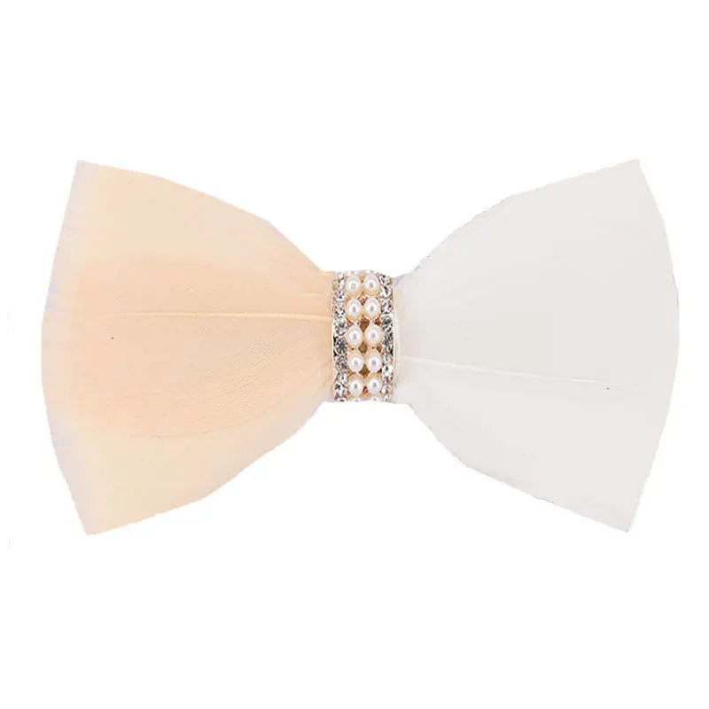 Blush & White Shiny Pearl Feather Bow Tie with Lapel Pin