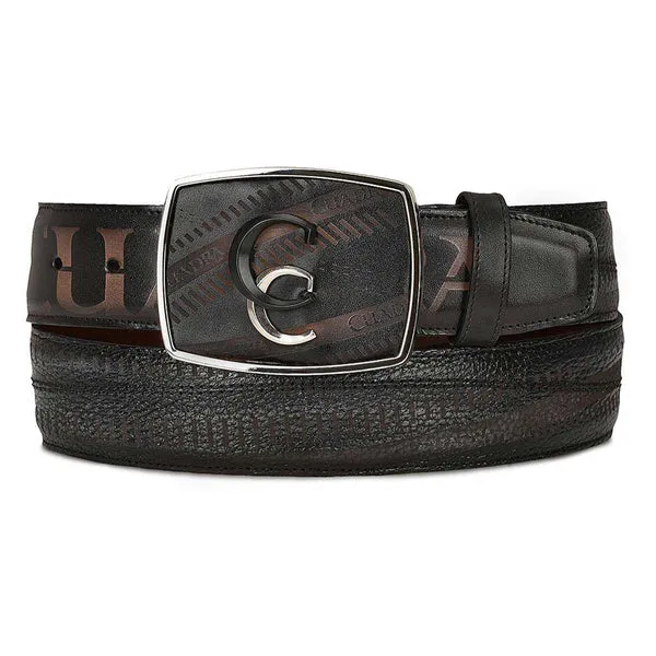 Hand-painted grey leather western belt with double metal insert