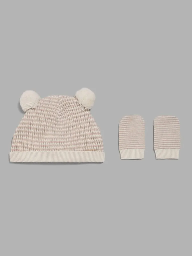 HOP Baby Pink Striped Pom Pom Beanie with Paw Mitten Set