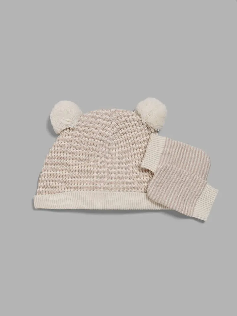 HOP Baby Pink Striped Pom Pom Beanie with Paw Mitten Set