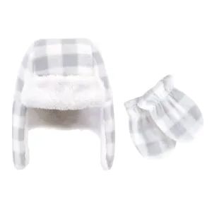 Hudson Baby Fleece Trapper Hat and Mitten Set, Gray White Plaid Baby