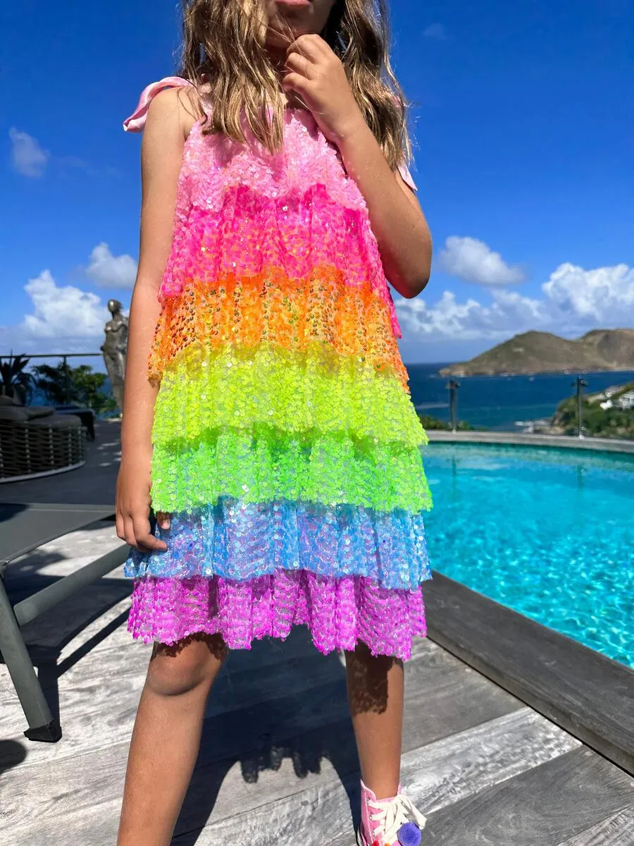 Lola and The Boys Neon Sequin Ruffle Dress