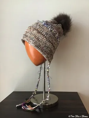 Luxe Natural *Funky Tweeds* Pom Pom Beanie w/Ties