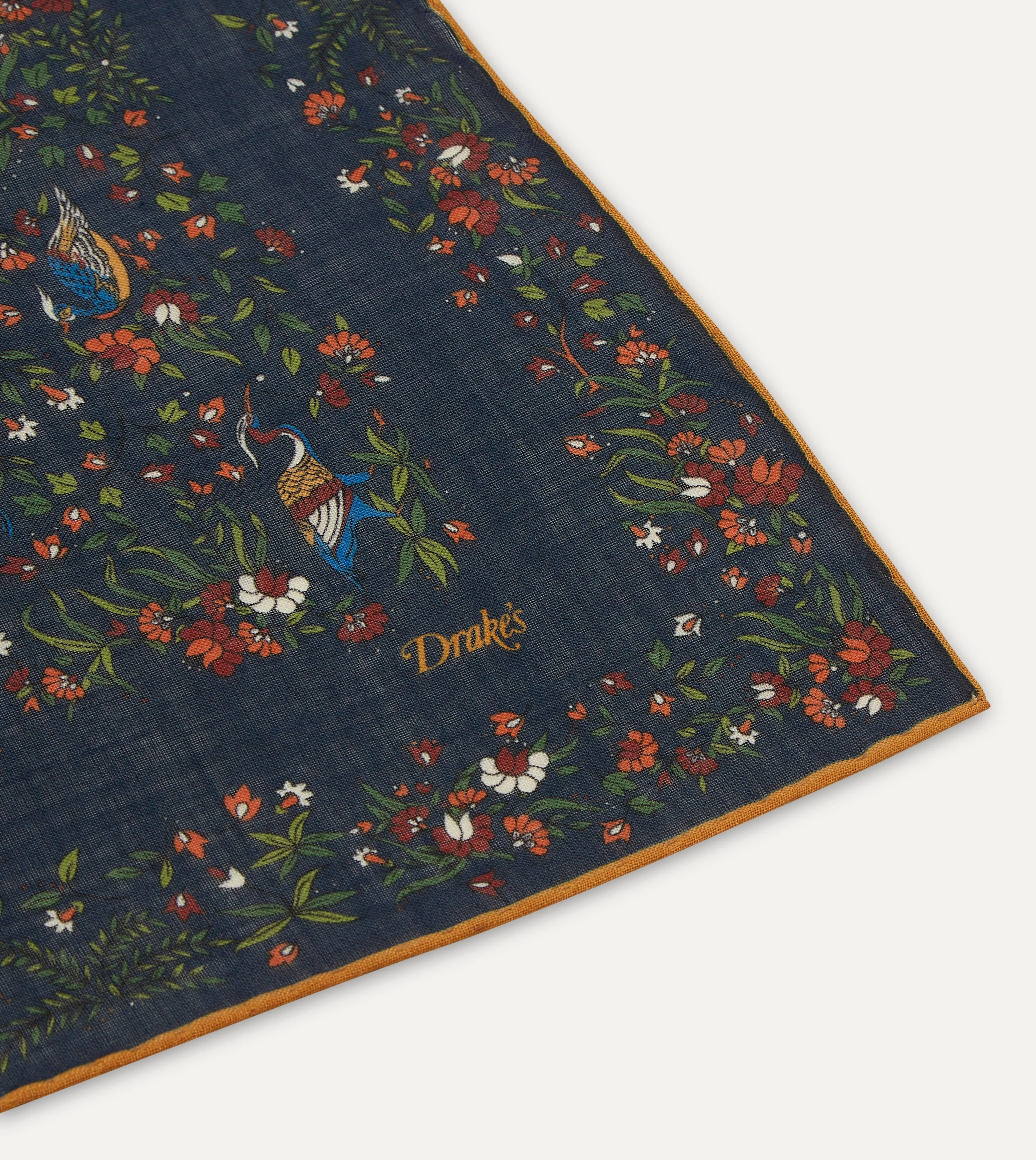 Navy Birds of Paradise Print Wool-Silk Square Scarf