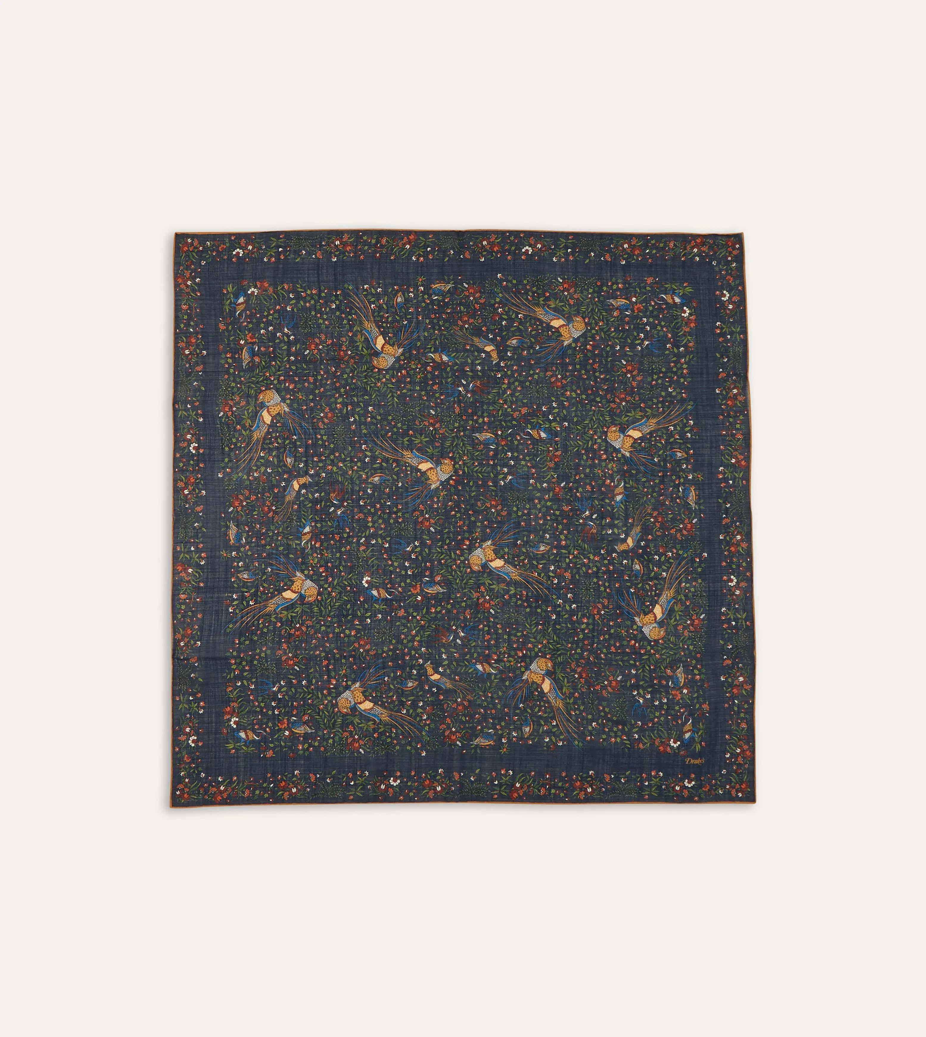 Navy Birds of Paradise Print Wool-Silk Square Scarf