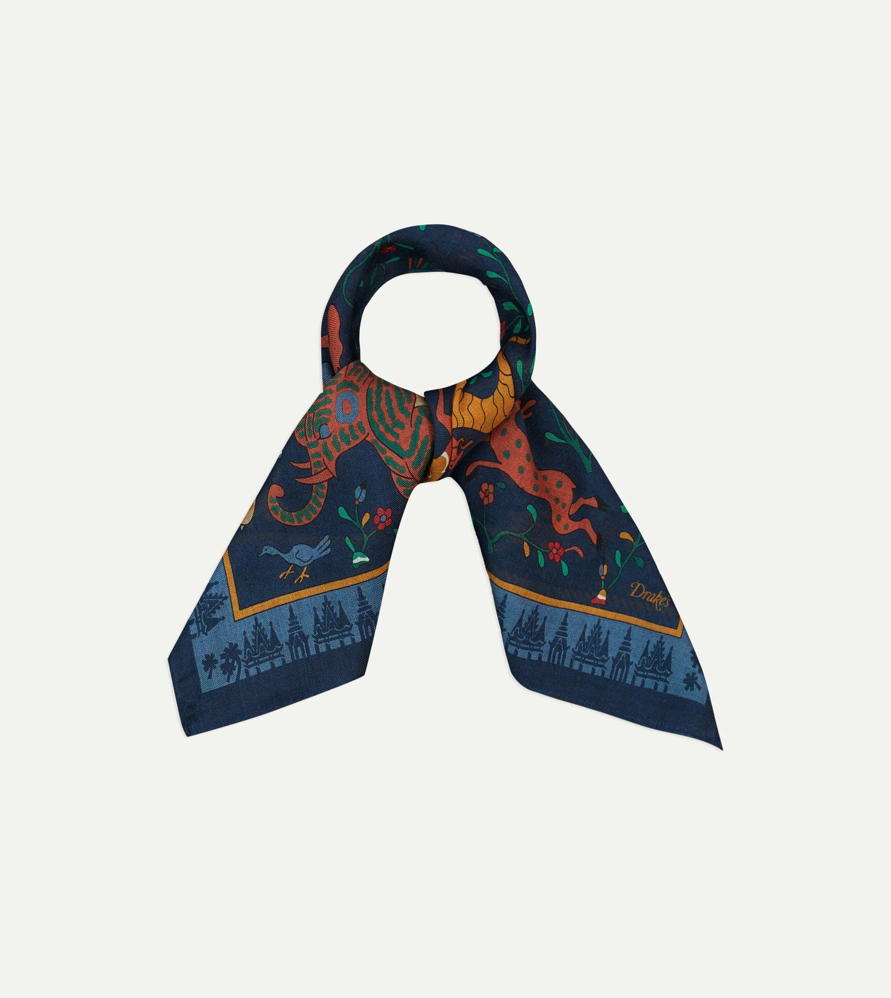 Navy Mythical Animals Print Wool-Silk Bandana