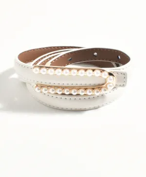 Pearl Buckle Thin Belt Cream