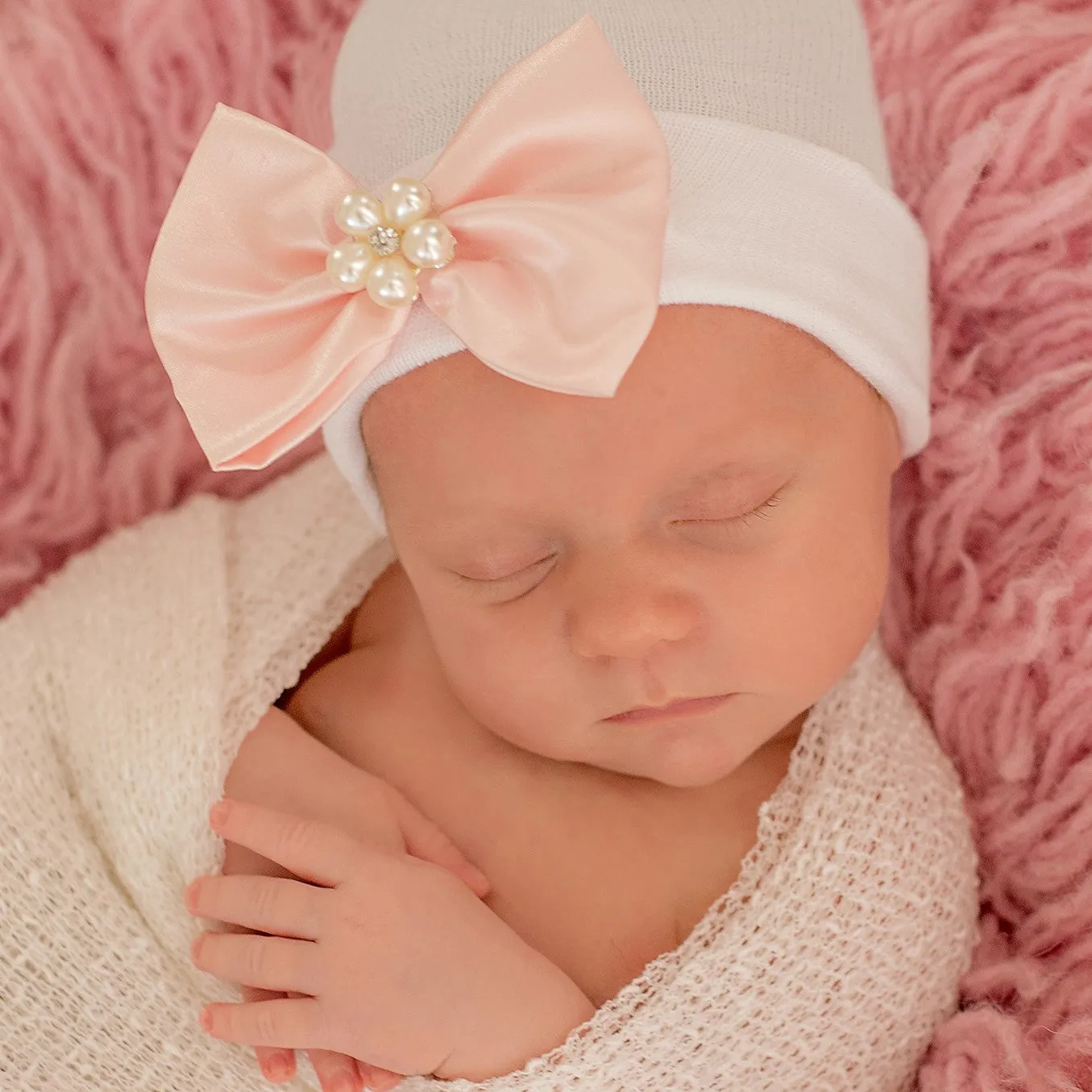 Priscilla Pink Satin Ribbon Bow with Pearl Flower Gem Newborn Girl Hospital Hat - Newborn Girl Hat