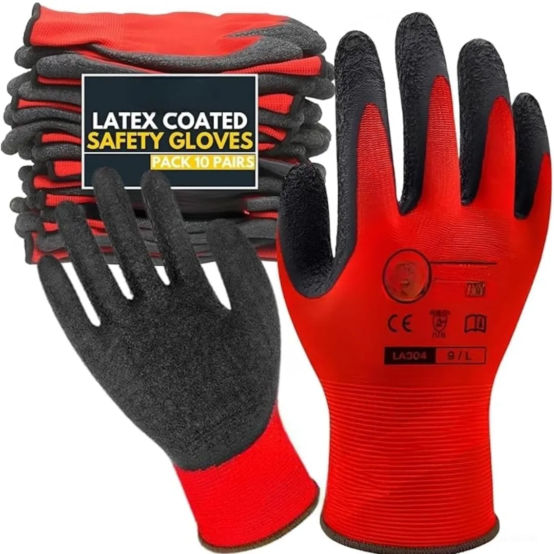 QTM Nylon Latex Coated Firm Grip Industrial Safety Work Cut Resistant Gloves, Red- Pack of 5 Pairs.