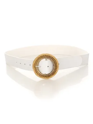 Round Buckle Leather Belt - White