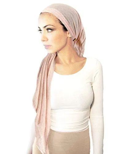 Soft Pink Head-scarf Chemo Tichel Embellished with Vintage Lace Coconut Buttons (Champagne baby pink long - 372)