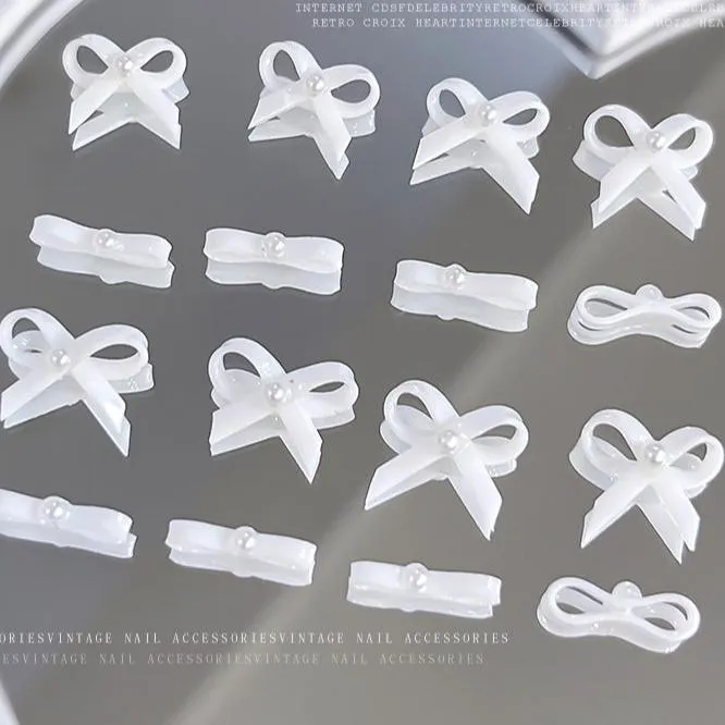 Soft White Bows and Streamers Nail Art Accessories - Elegant Pearls and Diamonds