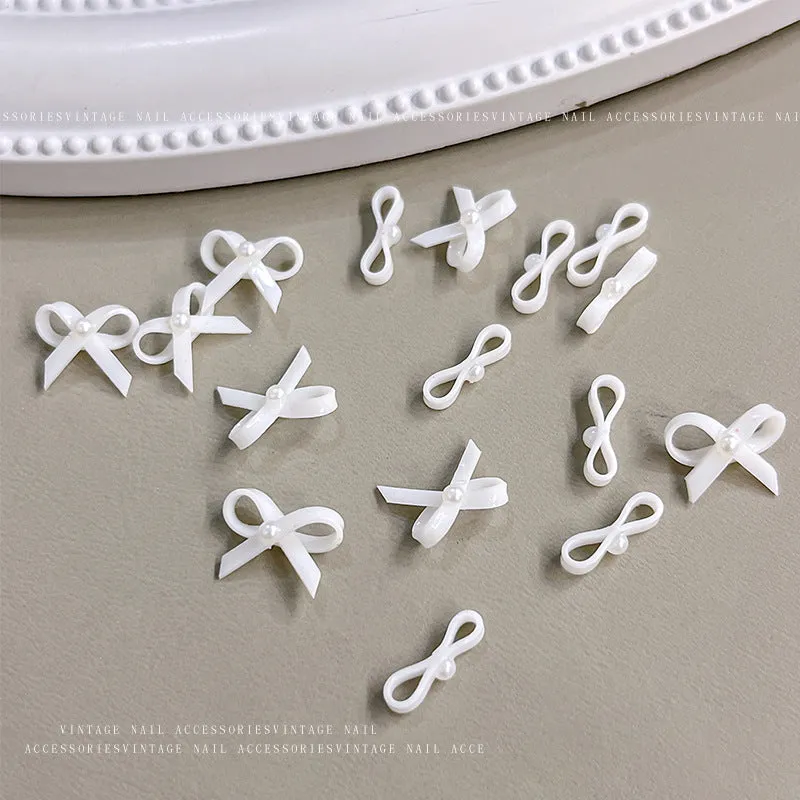 Soft White Bows and Streamers Nail Art Accessories - Elegant Pearls and Diamonds