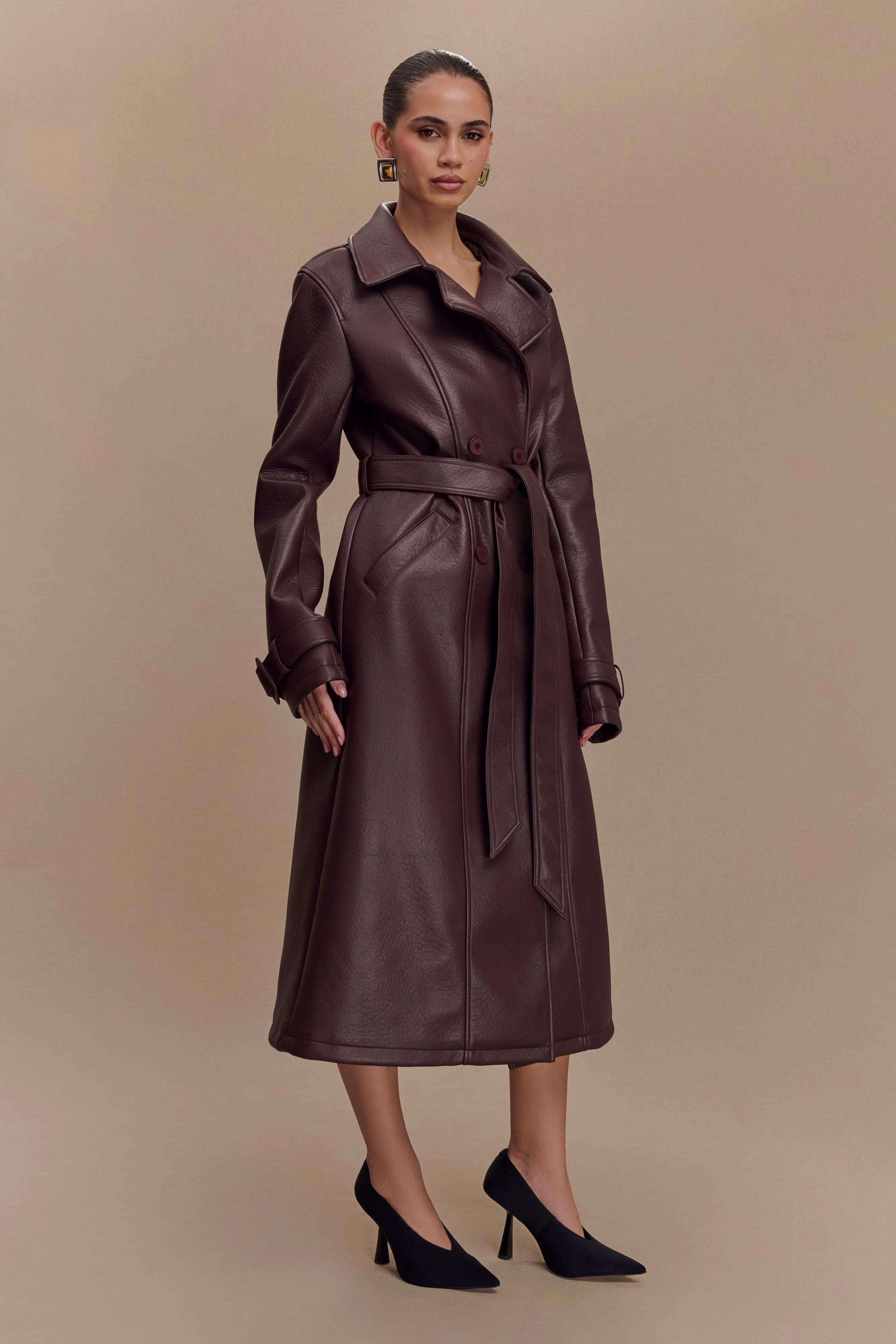 Tarah Faux Leather Trench Coat - Cacao Brown