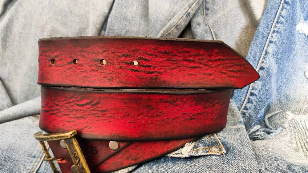 Vintage Red  Black Wash Leather Belt - Classic Styling for a Timeless Look