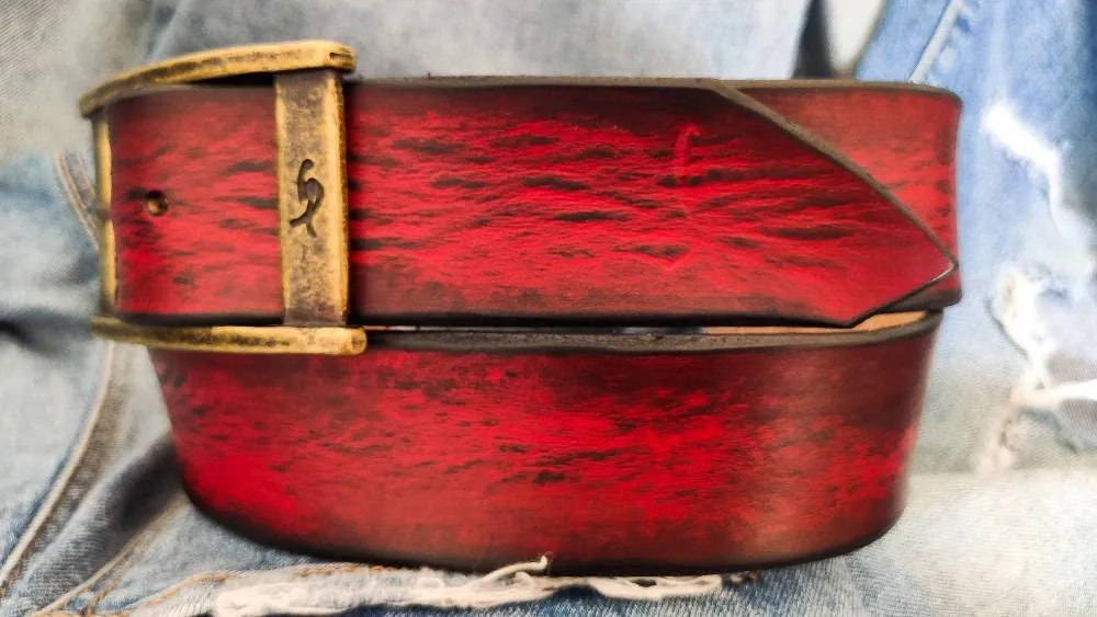 Vintage Red  Black Wash Leather Belt - Classic Styling for a Timeless Look