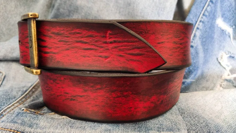 Vintage Red  Black Wash Leather Belt - Classic Styling for a Timeless Look