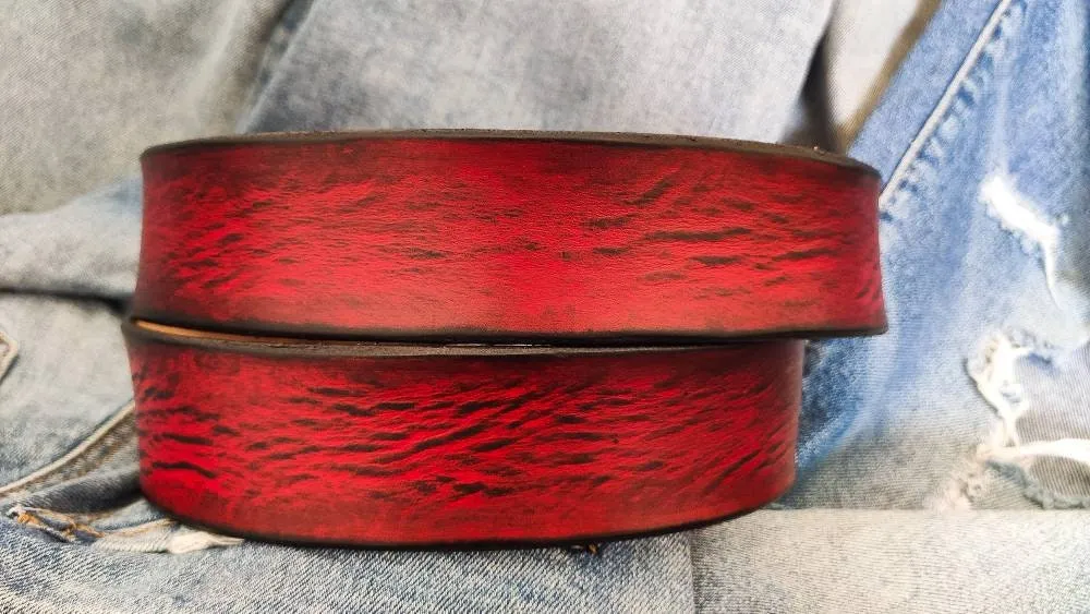 Vintage Red  Black Wash Leather Belt - Classic Styling for a Timeless Look