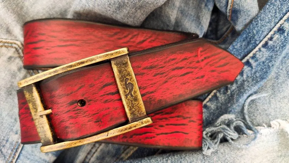 Vintage Red  Black Wash Leather Belt - Classic Styling for a Timeless Look