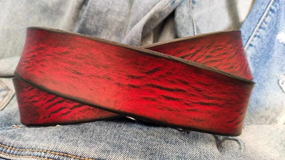 Vintage Red  Black Wash Leather Belt - Classic Styling for a Timeless Look