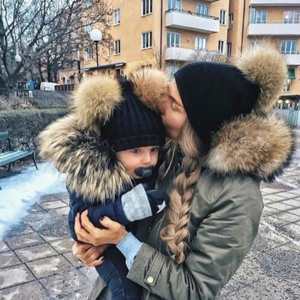 Winter Warm Women and Kids Knitted Crochet Wool HatDouble Hair Ball Earmuffs Caps,Cute Hairball Beanie Cap