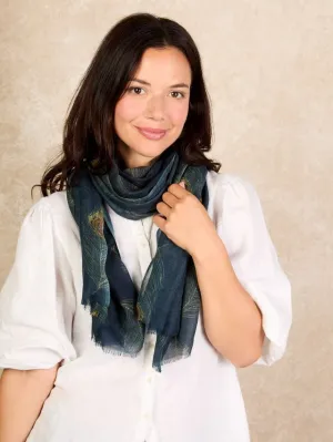 Wool Silk Scarf Dark Navy Peacock Feather