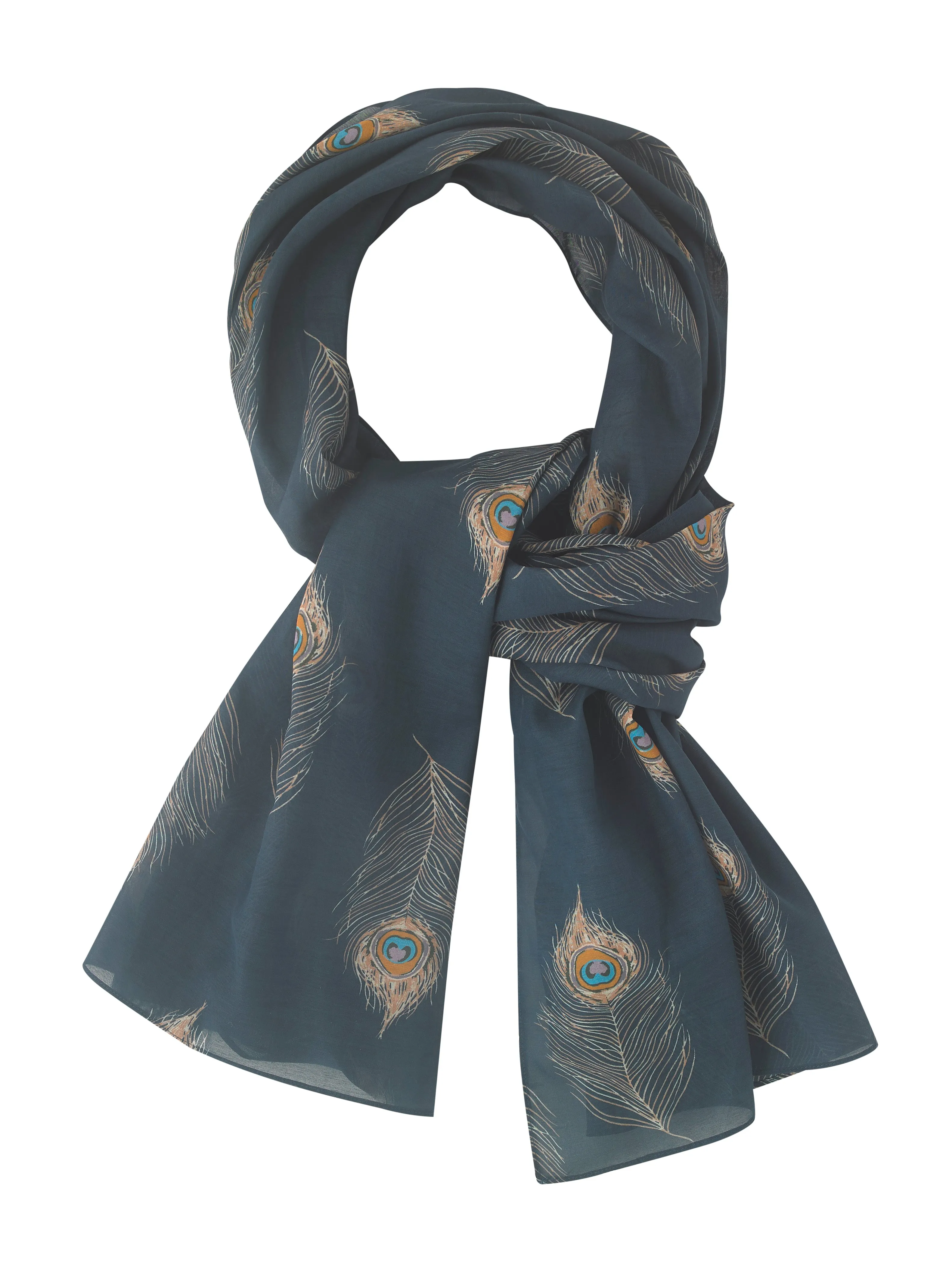 Wool Silk Scarf Dark Navy Peacock Feather